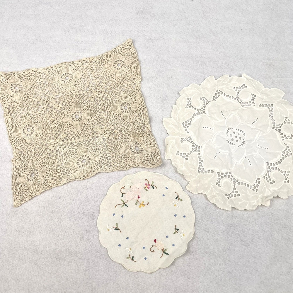 Vintage Lot of 3 Assorted Hand Crocheted Doilies IVORY & White Machine Embroider